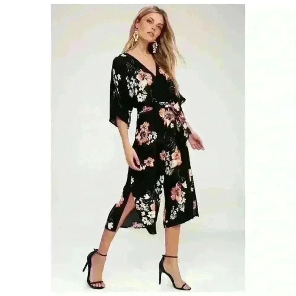 Lulus Staying Cool Black Floral Print Culotte Jumpsuit size S Jumper